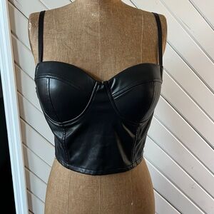 Iris Black Faux Leather Corset Bustier Punk Biker Crop Push Bra Size Large